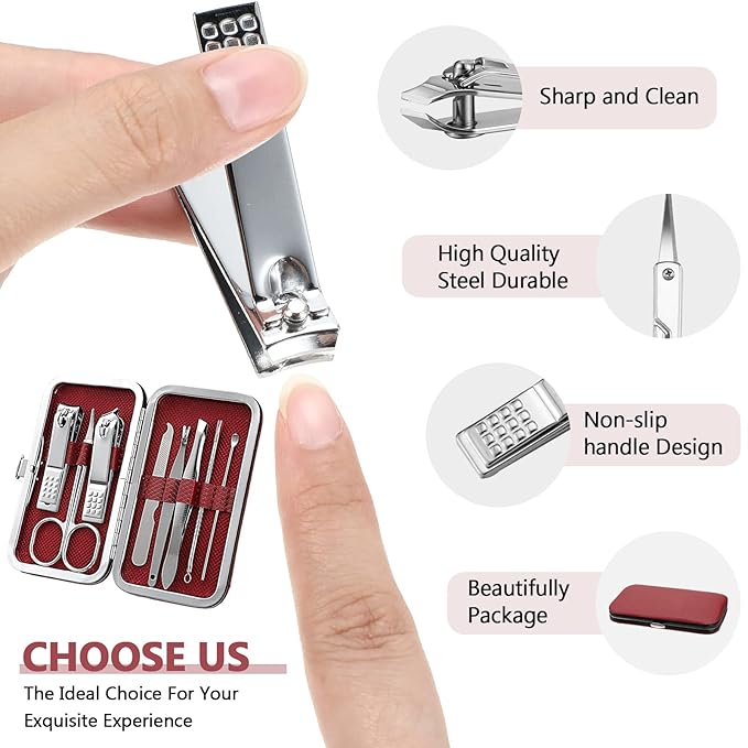 Geosar 12 Sets Manicure Set Nail Clippers Pedicure Kit 8 in 1 Grooming Stainless Steel Kits Nail Care Tools with Travel Case Xmas Gifts Christmas Stocking Stuffers for Men Women(Wine Red)