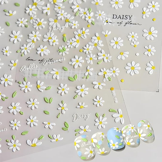 Flower Nail Art Stickers 5D Embossed Self Adhesive Spring Summer Nail Stickers for Nail Art Cute White Daisy Nail Decals Flower Nail Design Decoration Accessories for Women and Girls