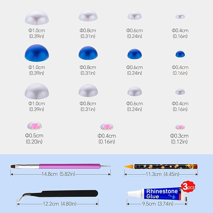 60g Cyan Blue Flat Back Pearls Rhinestones for Crafts Mixed Size 3mm-10mm AB Color Round Half Pearls Flatback Pearl Beads and Resin Rhinestones Set for Face Art with Glue