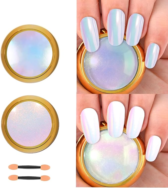 2 Pcs Mermaid Chrome Nail Powder Kit- 2 Colors Neon Effect Iridescent Nails Powder, Aurora Holographic Nail Glitter Rainbow Mica Powders Chrome Nail Art Dust Tip Manicure Pigment