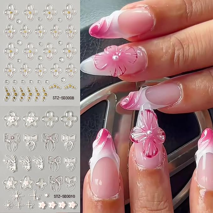 6 Sheets Flower Nail Art Stickers 5D Self-Adhesive Nails Sticker Floral Butterfly Nail Art Decals Holographic Decal Decoration for Women Golden Bow Manicure Stickers DIY Nail Sticker Supplies