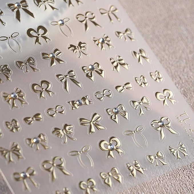5D Embossed Bow Nail Stickers - Gold Bow Nail Art Decals with Rhinestone Knot Designs for Women's Manicure