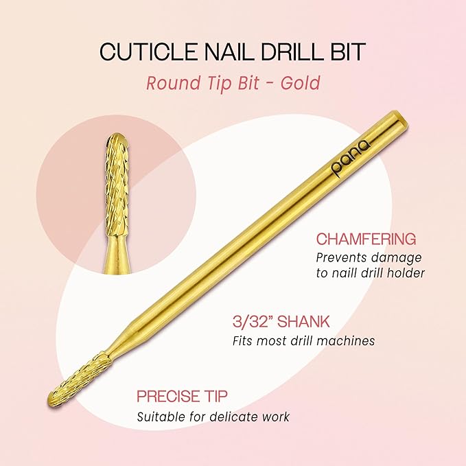 PANA 3/32" Carbide Cuticle Nail Drill Bit for Cuticle Cleaning, Dead Skin Removal, Gel Polish & Acrylic Removal, Under Nail Cleaner, Nail Salon, Manicure Tools (Round Bit - Gold, Medium)