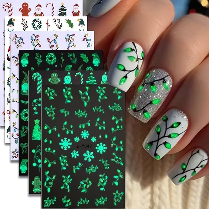 6PCS Christmas Nail Art Stickers Decals Gnome Santa Claus Nail Decals 3D Self-Adhesive Luminous Nail Stickers Christmas Tree Holly Light String Nails Designs Xmas Nails Supplies for Women Manicure