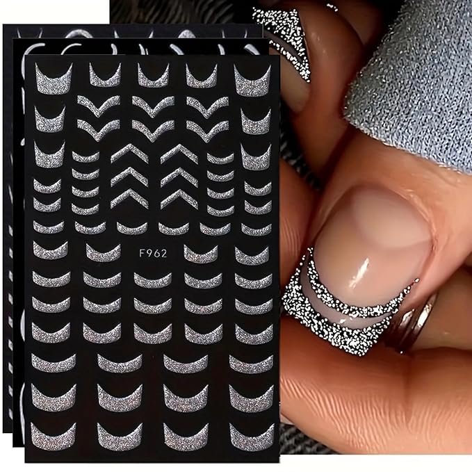 6 Sheets 3D Self-Adhesive French Tip Nail Art Stickers Decals Silver Glitter Nail Stickers Sparkly Nail Decorations Decals Curved Lines Nails Art Designs for Women DIY Nail Art Accessories