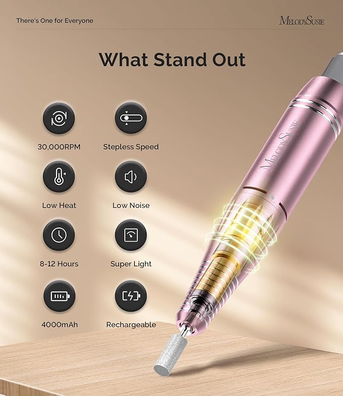 MelodySusie Professional Rechargeable Nail Drill 30000 RPM, Electric Nail File for Shaping, Removing & Polishing Gel Nails, Lightweight & Easy to Use, Ideal for Home & Salon Manicure Pedicure, SC300F