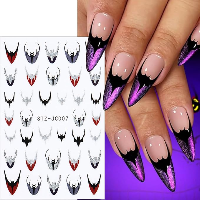 4 Sheets Halloween Nail Decals for Nail Art 3D Spider Web Nail Art Stickers with Diamond Designs Self-Adhesive French Tip Glitter Bat Nail Sticker Skeleton Butterfly Nail Decal for Women Nails Decor