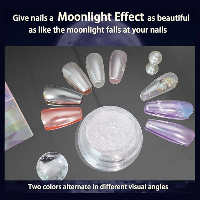 Allstarry Unicorn Chrome Nail Powder, Aurora Mermaid Iridescent White Pearl Nail Chrome Powder Pigment Glitter Fairy Dust for Nail Art, Manicure, Gel Nail Polish - Moonlight White