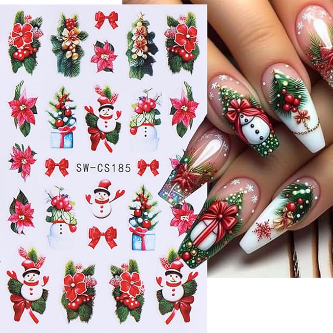 4 Sheets Christmas Nail Stickers for Nail Art WLGDLH 3D Self Adhesive Red Green Bow Nail Art Stickers Light Ball Gift Nail Decals Xmas Tree Nail Supplies for Women DIY Christmas Decorations
