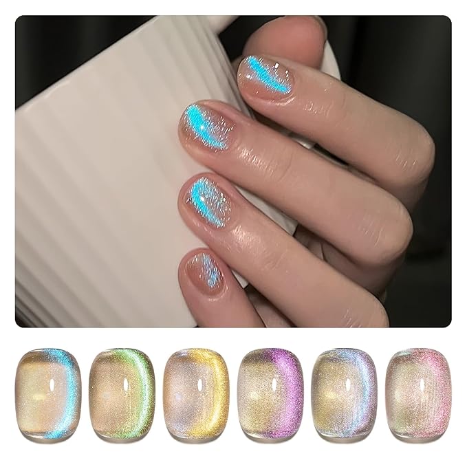 GAOY Cat Eye Gel Nail Polish Set with Magnet for Blue Glitter Holographic Cat Eye, Salon Gel Manicure and Nail Art DIY at Home, Mermaid's Tears