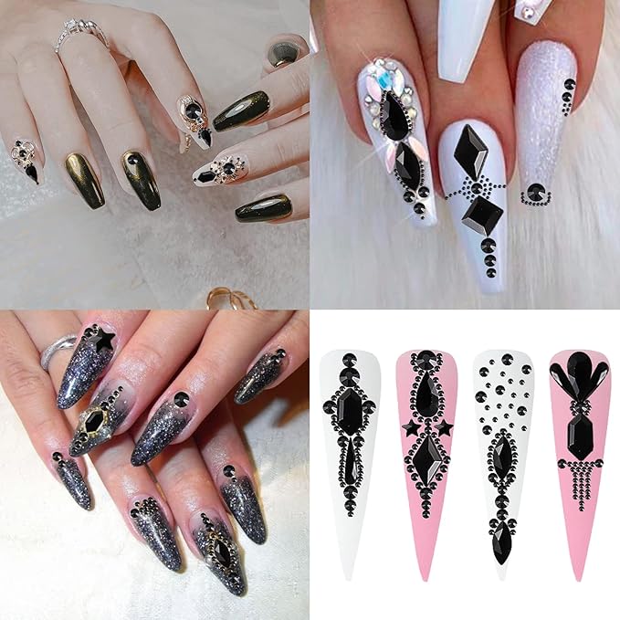 3120Pcs Black Nail Art Rhinestones Crystal,HOINCO 3D Rhinestones Gems Jewels Diamond for Acrylic Nails for Nail Art DIY Crafts with Tweezers and Pen