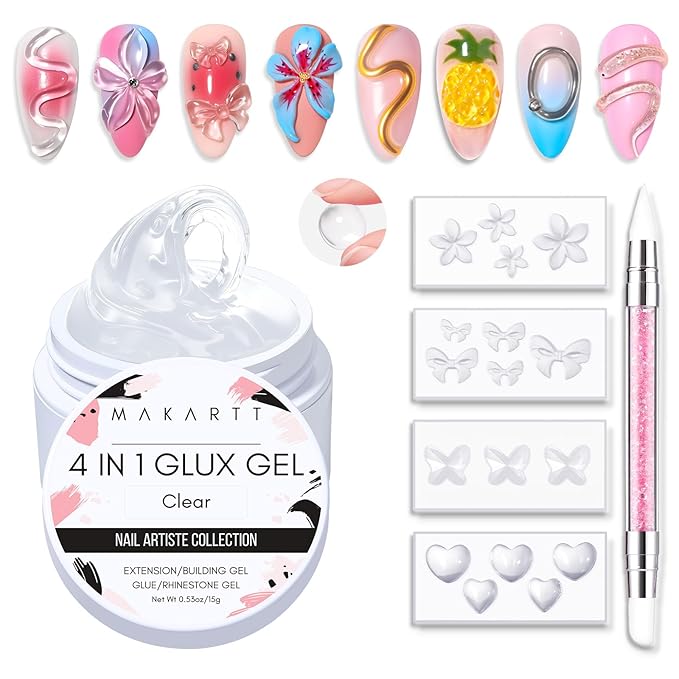 Makartt 3D Gel Nail Art: 4 in 1 Solid Gel Builder Kit for 15ML Nail Extension Gels, 4pcs Silicone Molds, 1 Sculpting Brush, UV Glue for Acrylic Nails Rhinestones Molding Manicure Hard Gels Kit