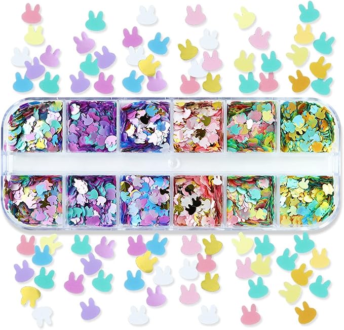 Rabbit Nail Art Glitter Sequins 12 Grids Nail Sequins 3D Holographic Rabbit Nail Decals Flakes for Acrylic Nails Manicure Paillettes Ultra-thin Glitters Nail Art Supplies for Women Nail Art Decoration