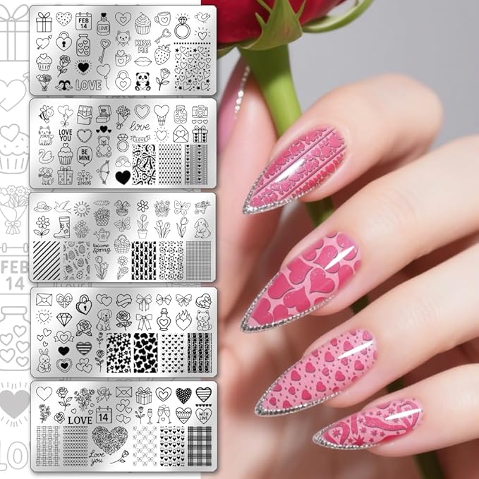 PH PandaHall 5pcs Valentine's Day Nail Stamping Plates Love Heart Nail Art Templates Tulip Rose Flower Nail Art Stencil Bows Gift Nails Stamper for Women Party Holiday Manicures Salon Printing Design