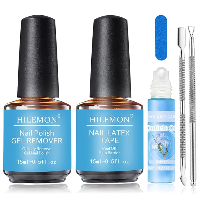 Gel Nail Polish Remover Kit, 15ml Quick Gel Remover, Nail Latex Tape & 8ml Cuticle Oil with Vitamin E & Jojoba Oil, Fast & Easy Removal in 3-5 Mins, Includes Nail Tools (Remover&Latex&Oil)