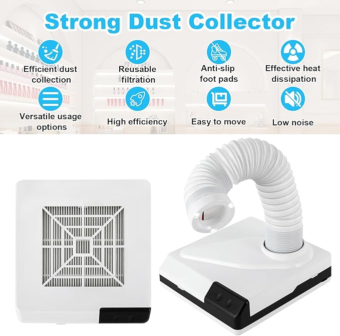 Nail Dust Collector, 60W Dental Polishing Dust Collector with Fan and LED Dual Function Low Noise Dust Suction Machine with Large Caliber Vacuum Cleaner Hose(2.4 In) for Dental Lab Nail Salon (White)