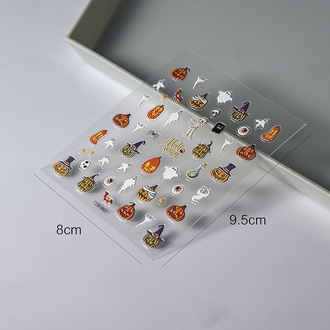 5D Embossed Halloween Nail Stickers Decals, Self-Adhesive Cute Ghost Pumpkin Nail Decals, Halloween Nail Art Stickers for Women Holiday DIY Manicure Decoration Accessories Supplies 1 Sheets