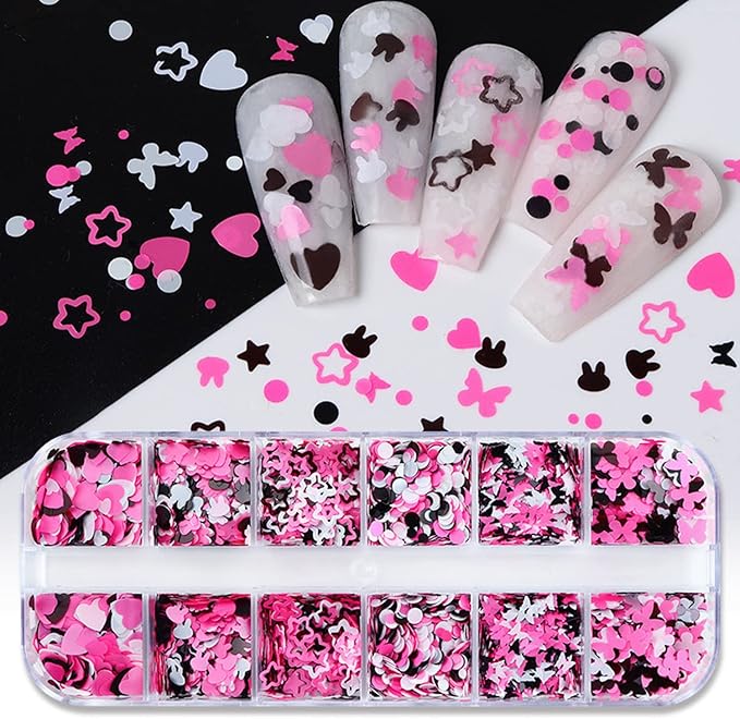 Nail Art Glitter Flakes 12 Grids Nail Sequins Love Heart Butterfly Stars Round Rabbit Nail Supplies Mixed 3 Colors Glitter Nail Charms Designs DIY Nail Decorations Nail Art Accessories for Women Girls