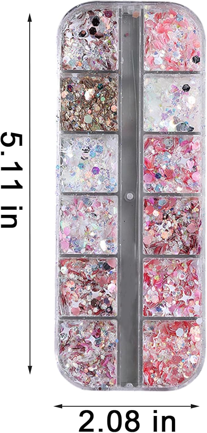 12 Grids Mixed Star Fragment Nail Art Glitters Sequins Holographic Heart Nail Sequins Hexagon Sparkles Stars Design Laser Nail Flakes Glitters Accessories for Women Manicure DIY Nail Decorations