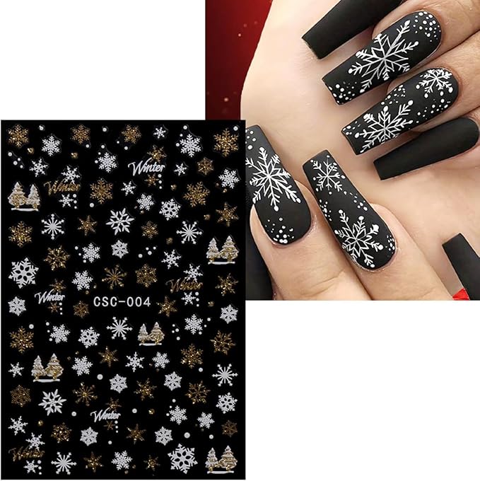 JMEOWIO 8 Sheets Christmas Glitter Nail Art Stickers Decals Self-Adhesive Snowflake Winter Holiday Cute Nail Supplies Nail Art Design Decoration Accessories
