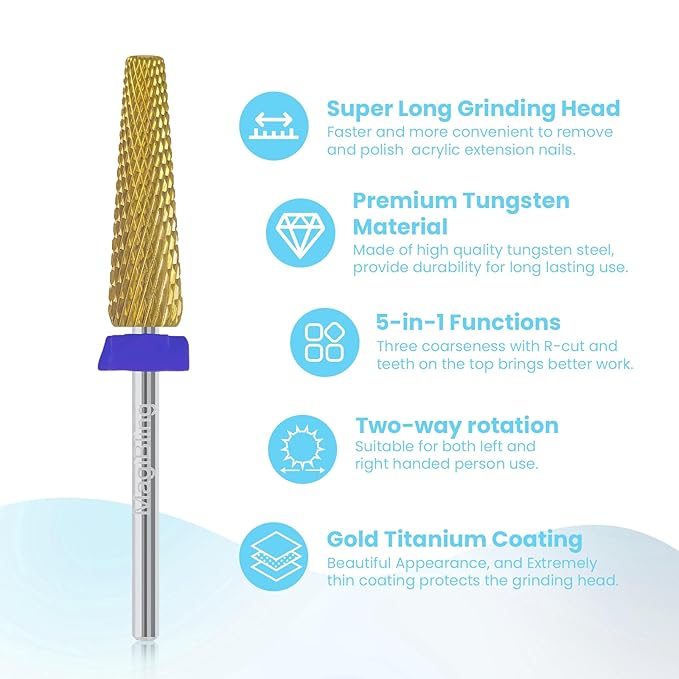 24mm Super Long 5 in 1 Nail Drill Bits, Professional 3/32'' Tungsten Carbide Bits, Fast Gel Removal for Long Acrylic Nails, Left Right Hand Use, Manicure Cuticle Hard Gel Polishing, Medium