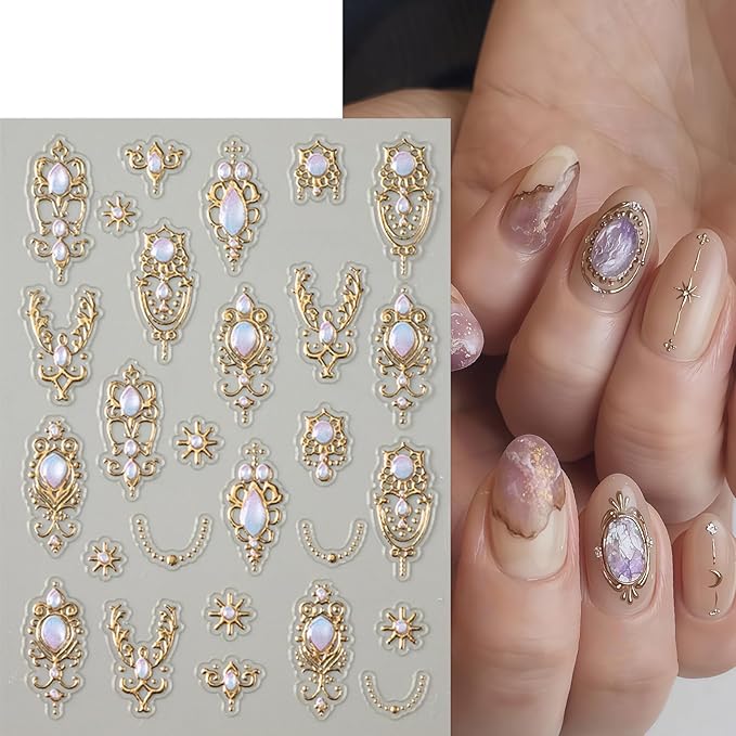 4Pcs 5D Embossed Gemstone Nail Stickers Gold Silver Nail Art Stickers Decals with Gold Mace Design Colorful Rhinestones Nail Stickers for Nail Art Mace Style Nail Decoration for Women Nails Supplies