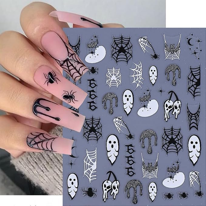 5Pcs Fall Nail Art Stickers Gold Sliver Pumpkin Maple Leaf Nails Decals 3D Self Adhesive Glitter Ghost Spider Web Spider Design Halloween Nail Stickers Holiday Nails Supplies for Women Salon Manicure