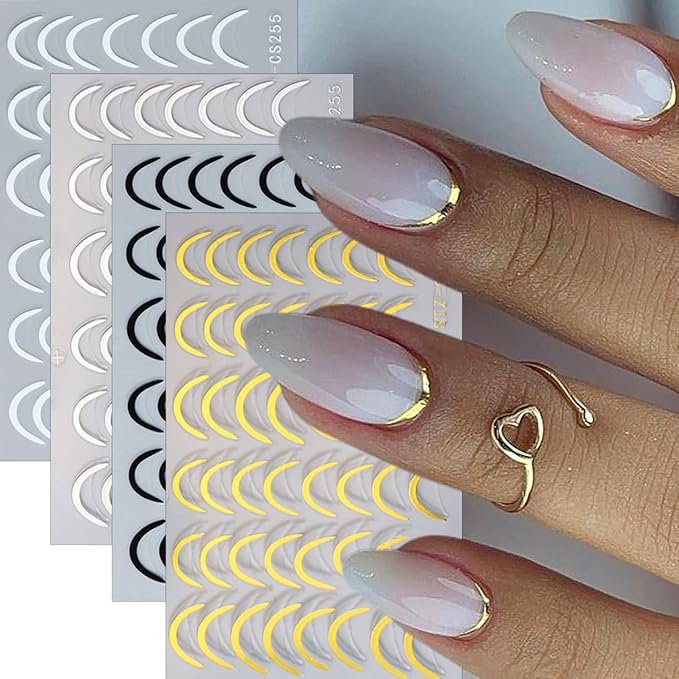 8 Pieces French Tip Line Nail Art Stickers 3D Simple Lines Nail Stickers Black White Gold Silver Metal Stripes Adhesive Decals Curved Gel Nail Art Polish Sliders Manicure Foils Decor Accessories