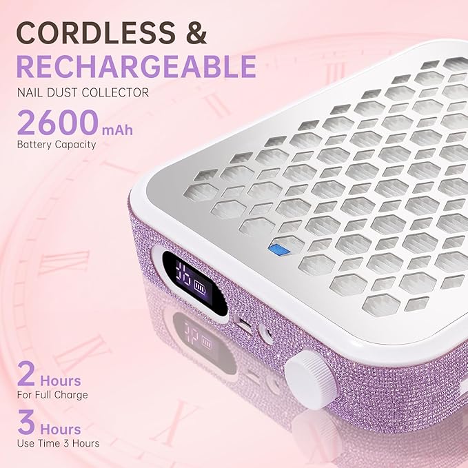 Nail Dust Collector, Rechargeable Dust Collector Nail Tech, Powerful Vacuum Fan Vent Dust Collector Extractor Dust Suction Machine for Acrylic Nails Polishing, Nail Salon&Home,Purple
