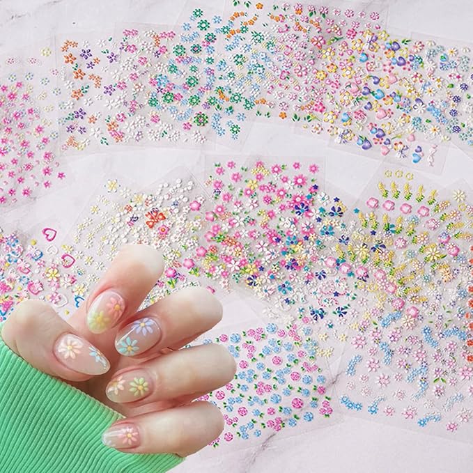 30 Sheets Flowers Nail Art Stickers Cute Daisy Floral Design Decals 3D Self-Adhesive White Black Colorful Flower Nail Stickers Decoration‌ for Women Girls Acrylic Nail Supplies Accessories
