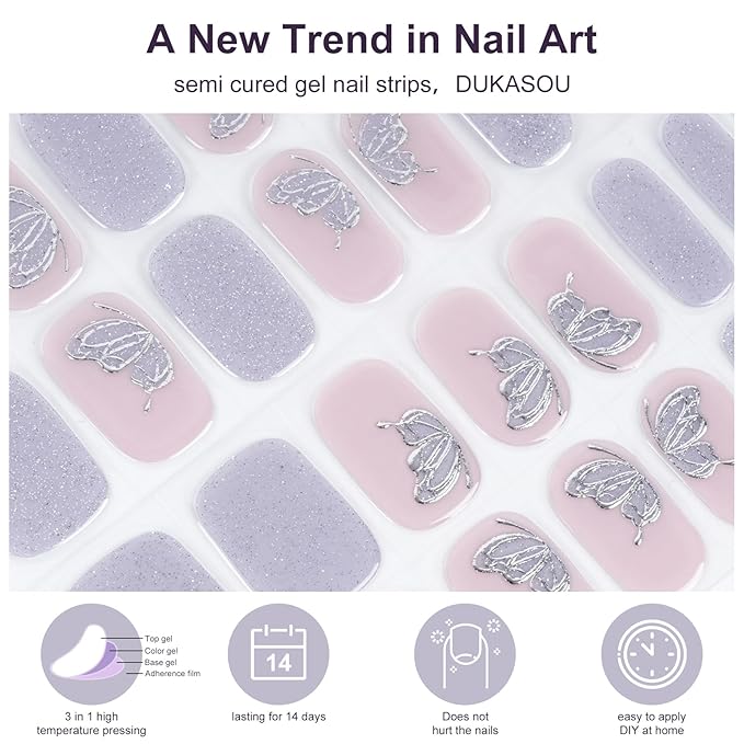 Semi Cured Gel Nail Strips(Butterfly),28 Gel Nail Stickers Wraps Strips Needed UV Lamp, Long Lasting,Easy to Apply