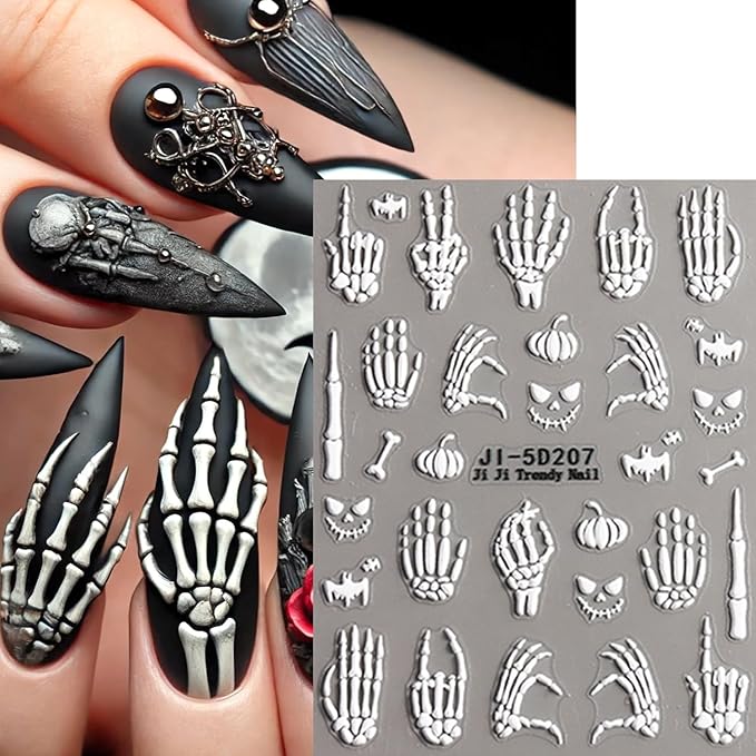 3Sheets Halloween Nail Art Stickers 5D Embossed Skeleton Nail Decals with Rose Flower Design Nail Stickers Self-Adhesive Skull Hand Bones Nail Decal Gothic Nail Sticker for Women DIY Nails Decoration