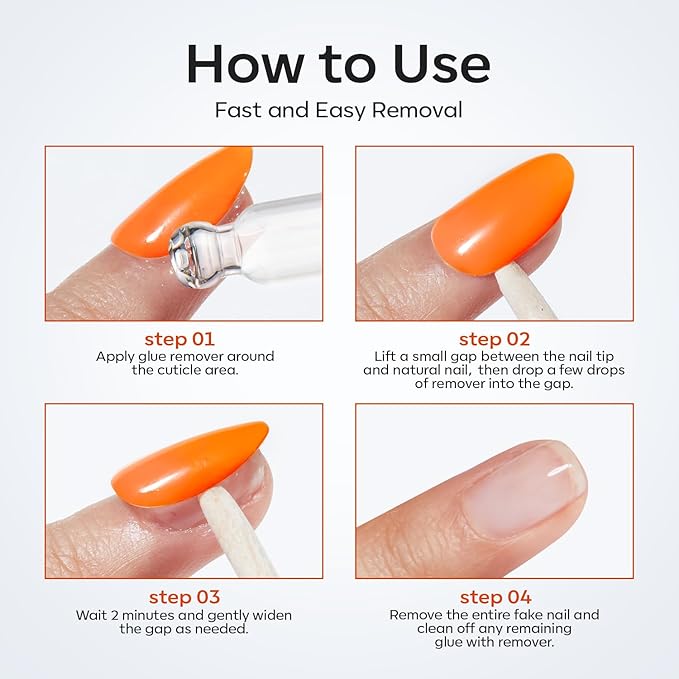 modelones 30ml Nail Glue Remover for Press On Nails, Upgrade Clear Stick On Nails Remover for Acrylic Tips, Nail Polish Remover with Wood Stick