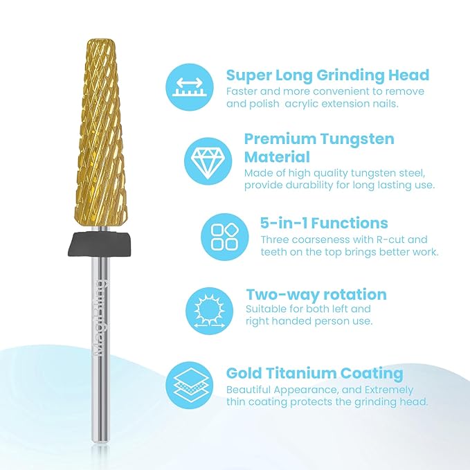 24mm Super Long 5 in 1 Nail Drill Bits, Professional 3/32'' Tungsten Carbide Bits, Fast Gel Removal for Long Acrylic Nails, Left Right Hand Use, Manicure Cuticle Hard Gel Polishing, Extra Coarse