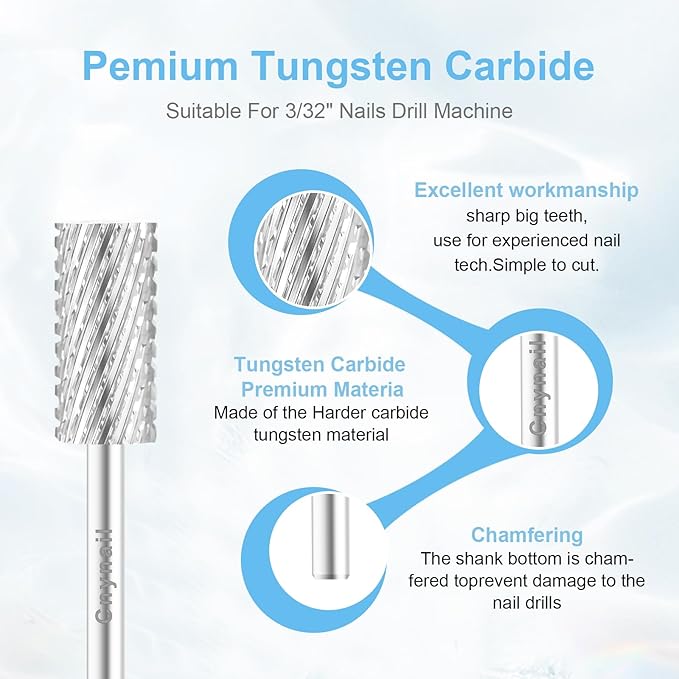 3/32" Large Barrel Bit Tungsten Carbide Nail Drill Bit Safety Bit for Gel & Acrylic Removal, 2- Way Rotating Efile Tip, Salon Electric File Accessory (XC Girt, Silver)