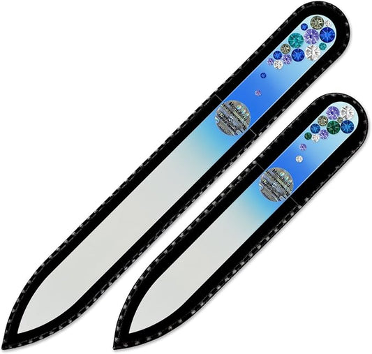 Mont Bleu Crystal Nail Files - Set of 2 Glass Nail Files Hand Decorated with Crystals - Handmade - Czech Tempered Glass - Premium Fingernail File for Natural Nails