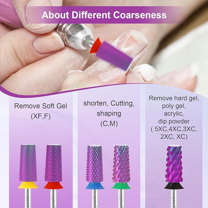 Cnynail 3/32" Large Tapered Barrel Flat Bit Tungsten Carbide Nail Drill Bit Safety Bit for Gel & Acrylic Removal, 2- Way Rotating Efile Tip, Salon Electric File Accessory (F Girt, Purple)