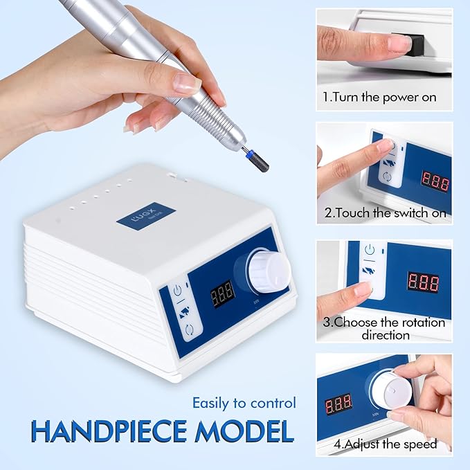 L'UGX Professional Nail Drill, 45000RPM Brushless Electric Nail File Manicure Pedicure with 7 Drill Bits, Perfect for Home Salon Use, Foot Pedal, Low Noise and No Vibration