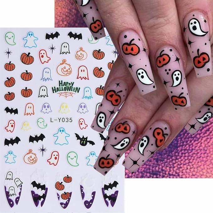 Halloween Luminous Nail Art Stickers Glow in The Dark Nail Stickers 5PCS Skulls Ghosts Pumpkin Design Nail Decals Nail Art Supplies Spider Web Bat Flower Halloween Stickers for Women Nail Decorations