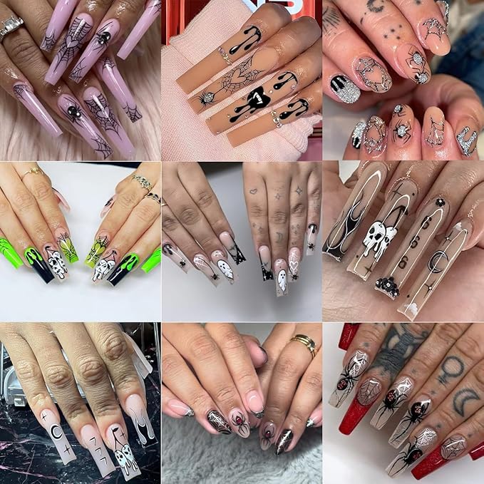 4 Sheets Halloween Nail Art Stickers Decals 3D Self-Adhesive Ghost Skull Cherry Nail Decals Holographic Glitter Design Bat Water Drop Spider Web Nail Stickers Holiday Nail Decorations for Women