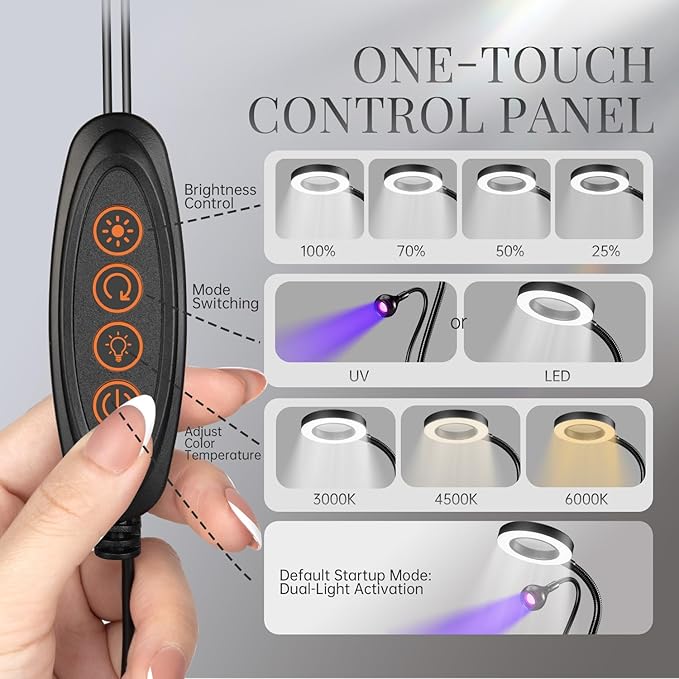 krofaue UV Nail Lamp - Flash Cure Lamp Dual-Light UV Light with 6× Magnifier 4-Levels Brightness Nail Dryer for Regular Polish, Desk Clip Salon-Perfect Manicures at Home Black