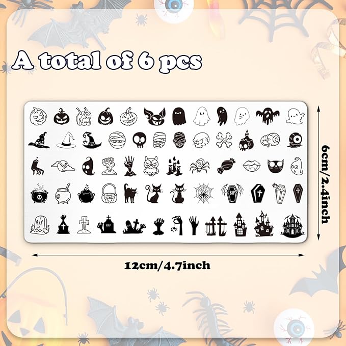 Whaline 6Pcs Halloween Nail Plates Stamping Set Pumpkin Ghost Bat Witch Stamp Templates Nail Art Plates for Trick or Treat Party DIY Print Manicure Salon Design