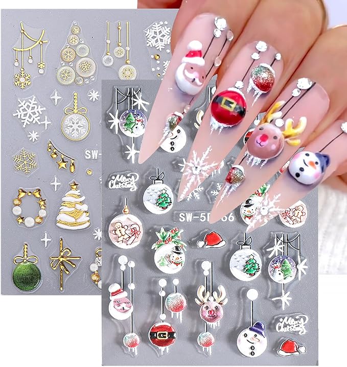 2 Sheets Christmas 5D Embossed Nail Art Stickers for Xmas Trees, Gift, Snowman Nail Decals with Gold, Silver Ball, Reindeer, Elk Designs for Women, Cute Winter Stickers