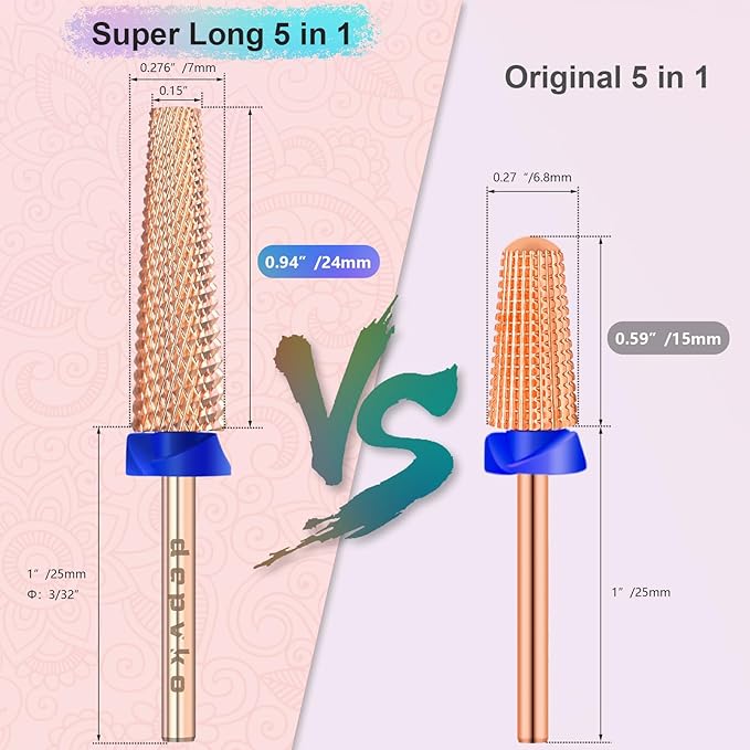 Depvko Super Long 5 in 1 Nail Drill Bits, 3/32'' Carbide Tungsten Bits, Two Way Rotate Professional Advanced Safety Bits for Nail, Fast Remove for Manicure Pedicure (Long 5in1-Rose Gold, Medium-M)