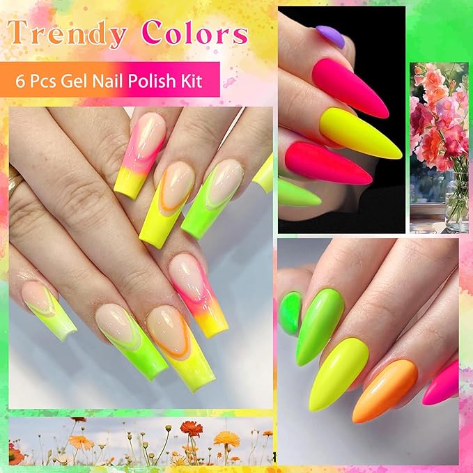 MEET ACROSS Neon Gel Nail Polish Set, Fluorescent Hot Pink Yellow Green Red Spring Summer Nail Polish Kit LED UV Gel Nail Polish Starter Manicure Salon DIY Nail Gel Polish 6 Colors
