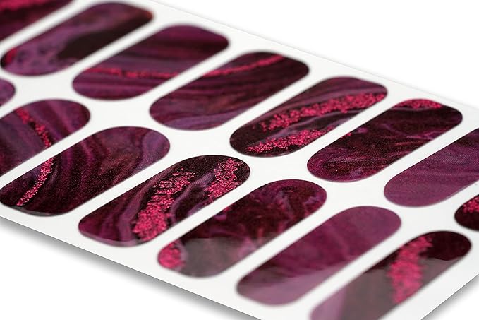 | 20 Exquisite Gel Nail Polish Strips w/Application Accessories - No UV/LED Lamp Required (Marbled Mulberry & Pink Glitter)