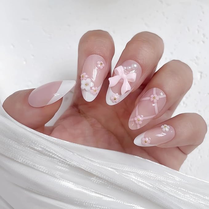 24PCS Blush Pink French Almond Press-On Nails – Medium Length Fake Nails with 3D Bow & Flower Design, Soft Back & Durable Tip, Reusable Stick-On Nail Tips with Glue & Tools for Women