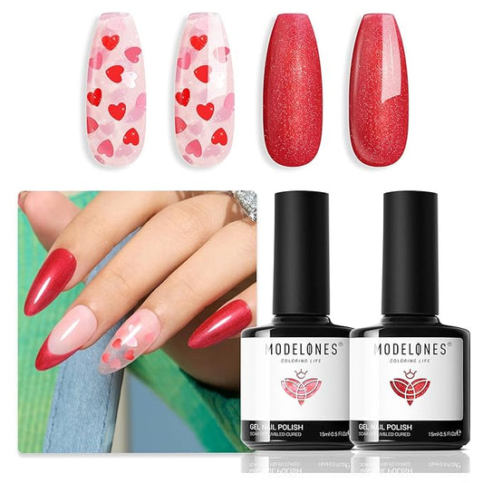 modelones Gel Nail Polish Set 2 Pcs 15 ML Pink Red Gel Polish Hot Pink Red Love-heart Glitter Gel Polish White Shimmer Spring Soak Off LED Nail Art DIY Gift For Women Girl