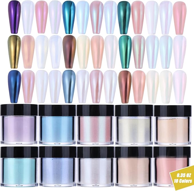 Pearl Chrome Nail Powder Kit 10 Boxes 10g Unicorn Mermaid Chrome Powder for Nails Art Decoration Iridescent Aurora Nail Glitter for Gel Polish DIY Summer Rubbing Dust for Home DIY Nail Salon Manicure