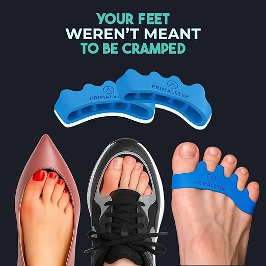 PrimalStep 2.0 FIRM EDITION Toe Separators - Extra Firm, Stretchy & Flexible - Thicker & More Durable - Dr. Recommended - Loved by Those with Bunions or Plantar Fasciitis - Toe Spacers for Athletic Mobility (Blue, S/M)